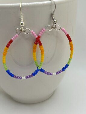 Rainbow oval hoop Beaded Earrings seed bead Handmade